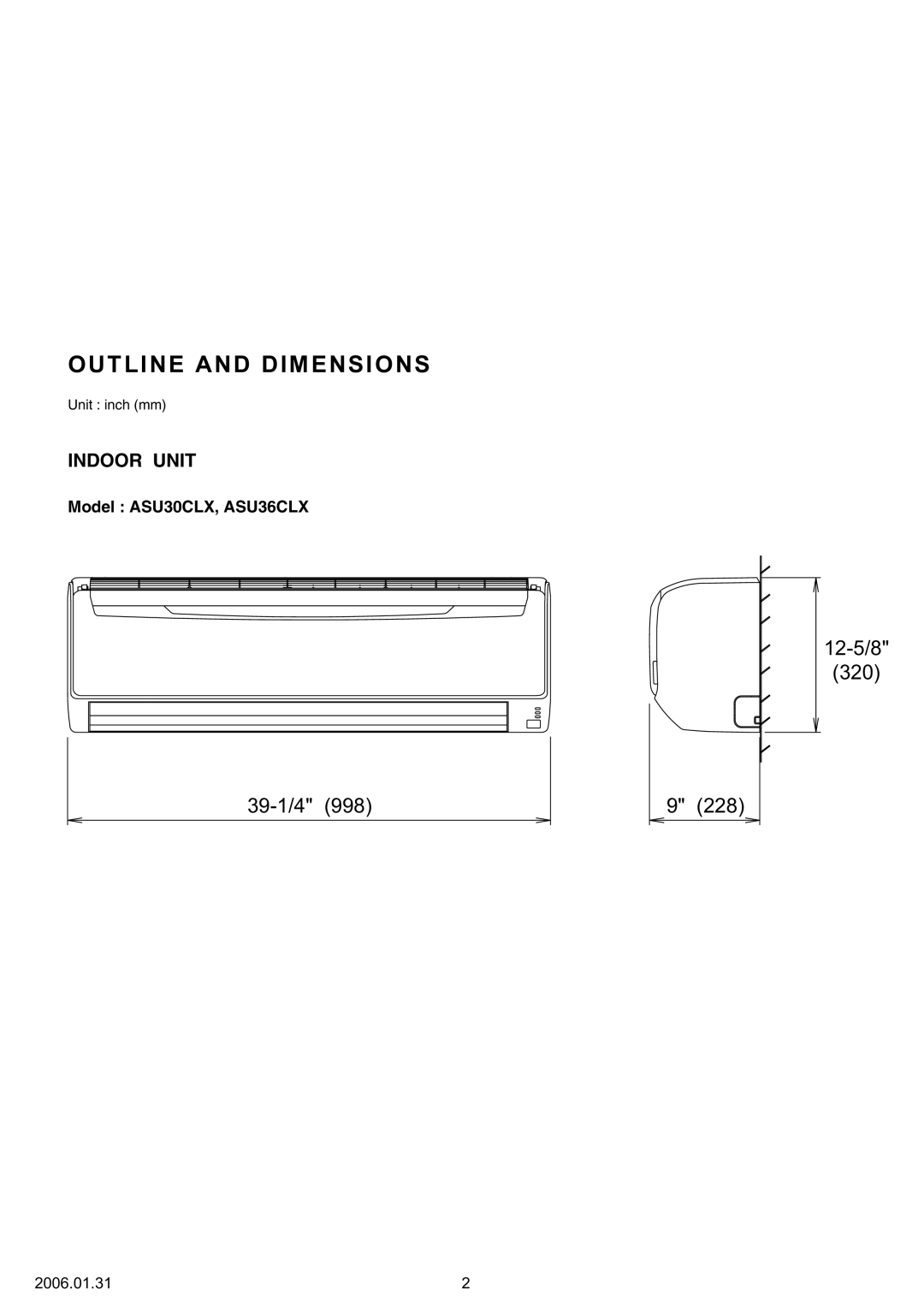 Fujitsu AOU30CLX, ASU36CLX, ASU30CLX, AOU36CLX specifications Outline and Dimensions, 39-1/4 12-5/8 320 228 