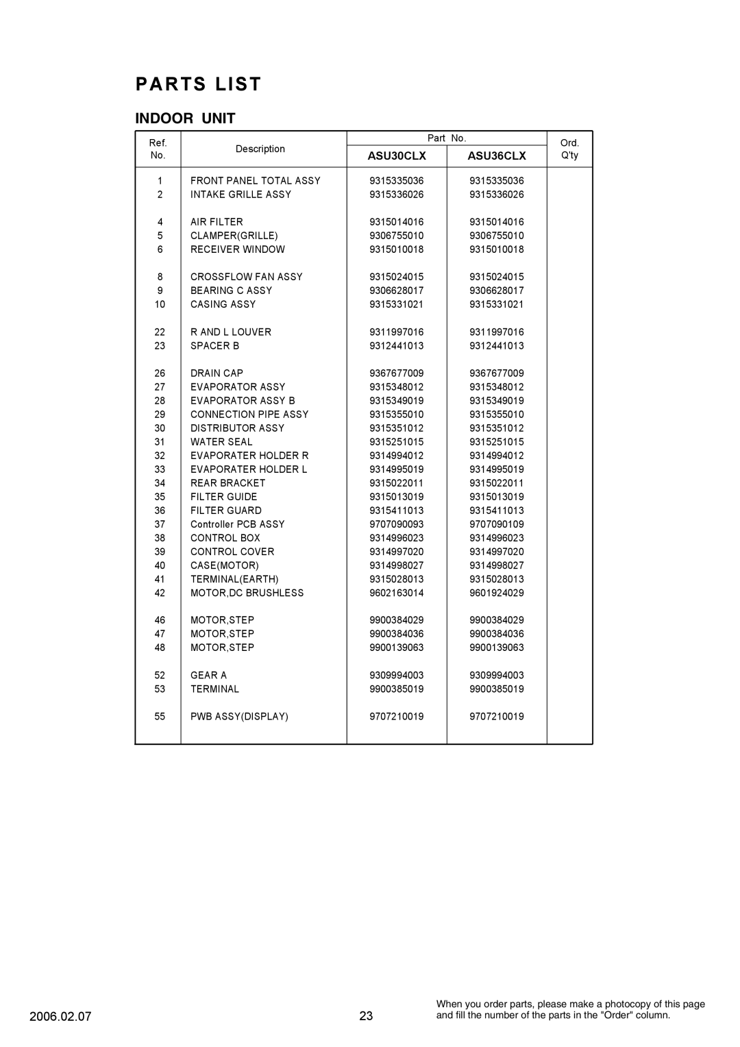 Fujitsu ASU36CLX, AOU36CLX, AOU30CLX specifications Parts List, Indoor Unit, ASU30CLX 