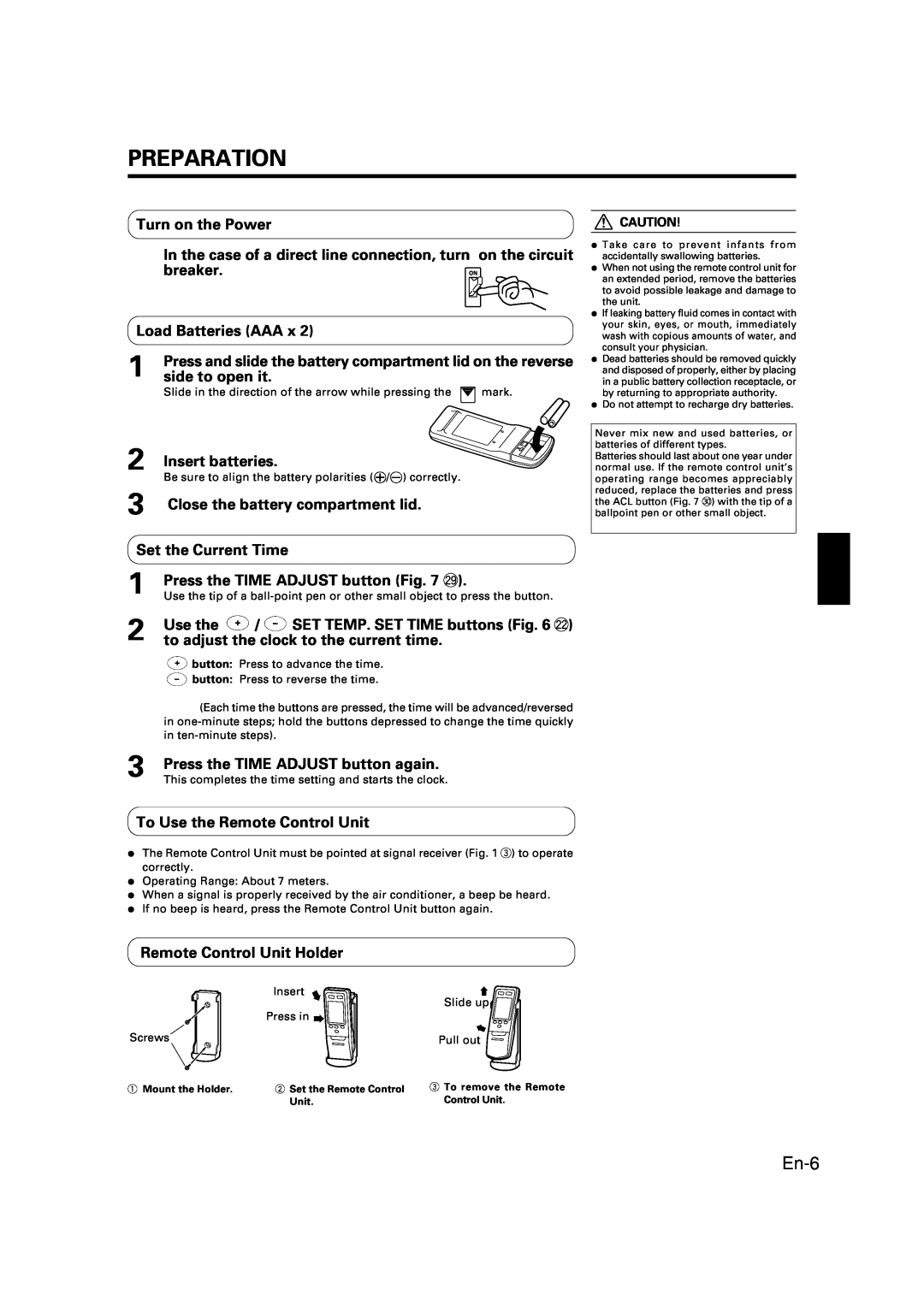 Fujitsu AOU12C1 manual Preparation, En-6, Turn on the Power, breaker, Load Batteries AAA, side to open it, Insert batteries 