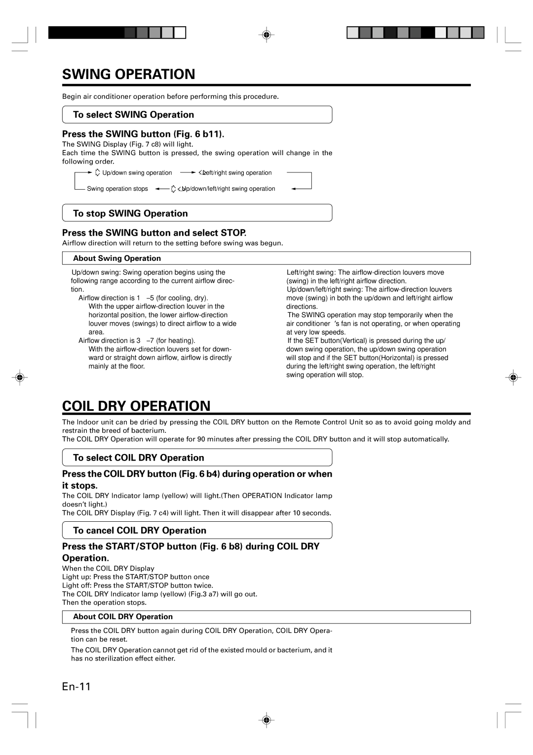 Fujitsu AOU9RLS manual Coil DRY Operation, To select Swing Operation Press the Swing button b11, About Swing Operation 