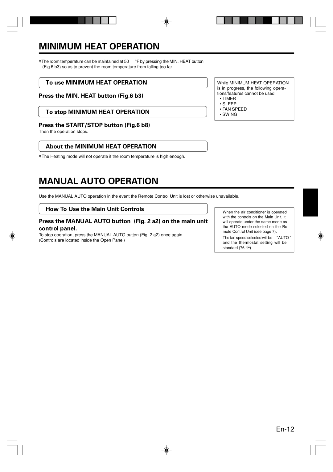 Fujitsu AOU12RLS, ASU9RLS, AOU9RLS Manual Auto Operation, About the Minimum Heat Operation, Timer Sleep FAN Speed Swing 