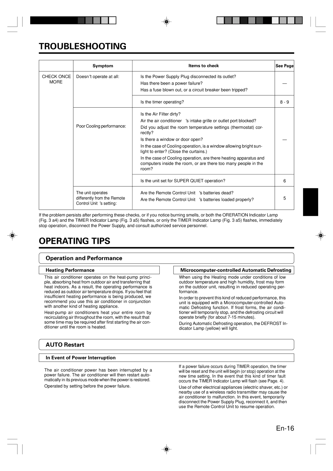 Fujitsu AOU9RLS Operating Tips, Operation and Performance, Auto Restart, Heating Performance, Event of Power Interruption 