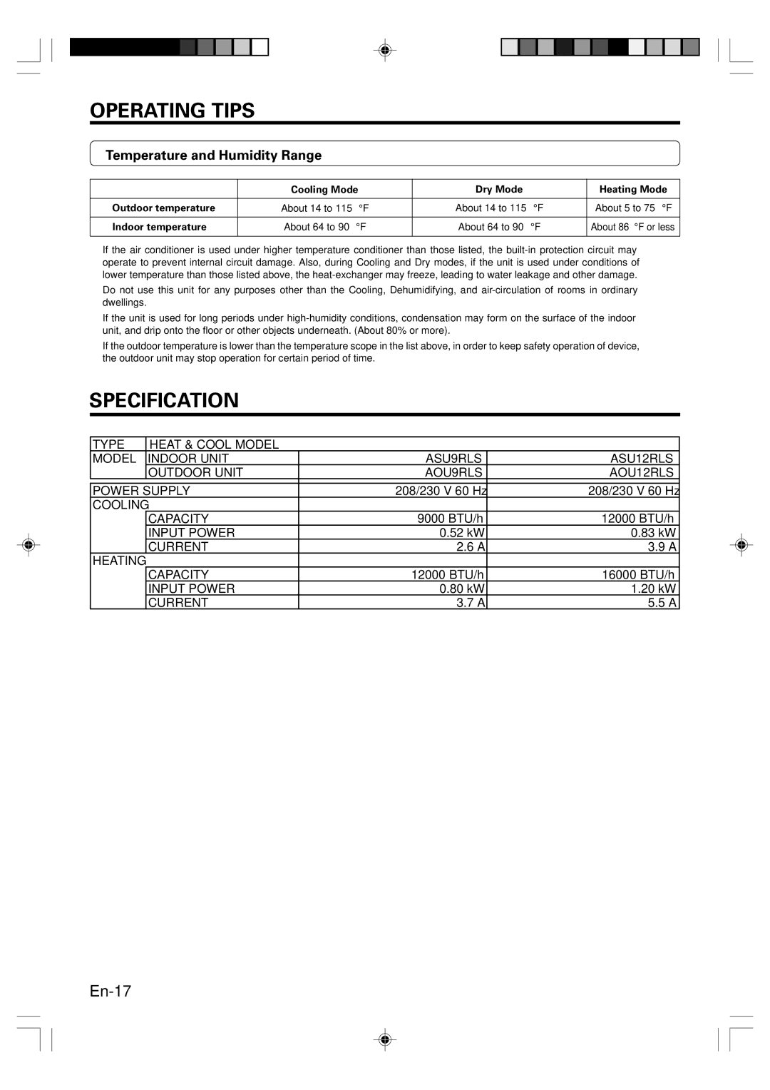 Fujitsu AOU12RLS, ASU9RLS, ASU12RLS, AOU9RLS, Heat & Cool Model (Reverse Cycle) Specification, Temperature and Humidity Range 