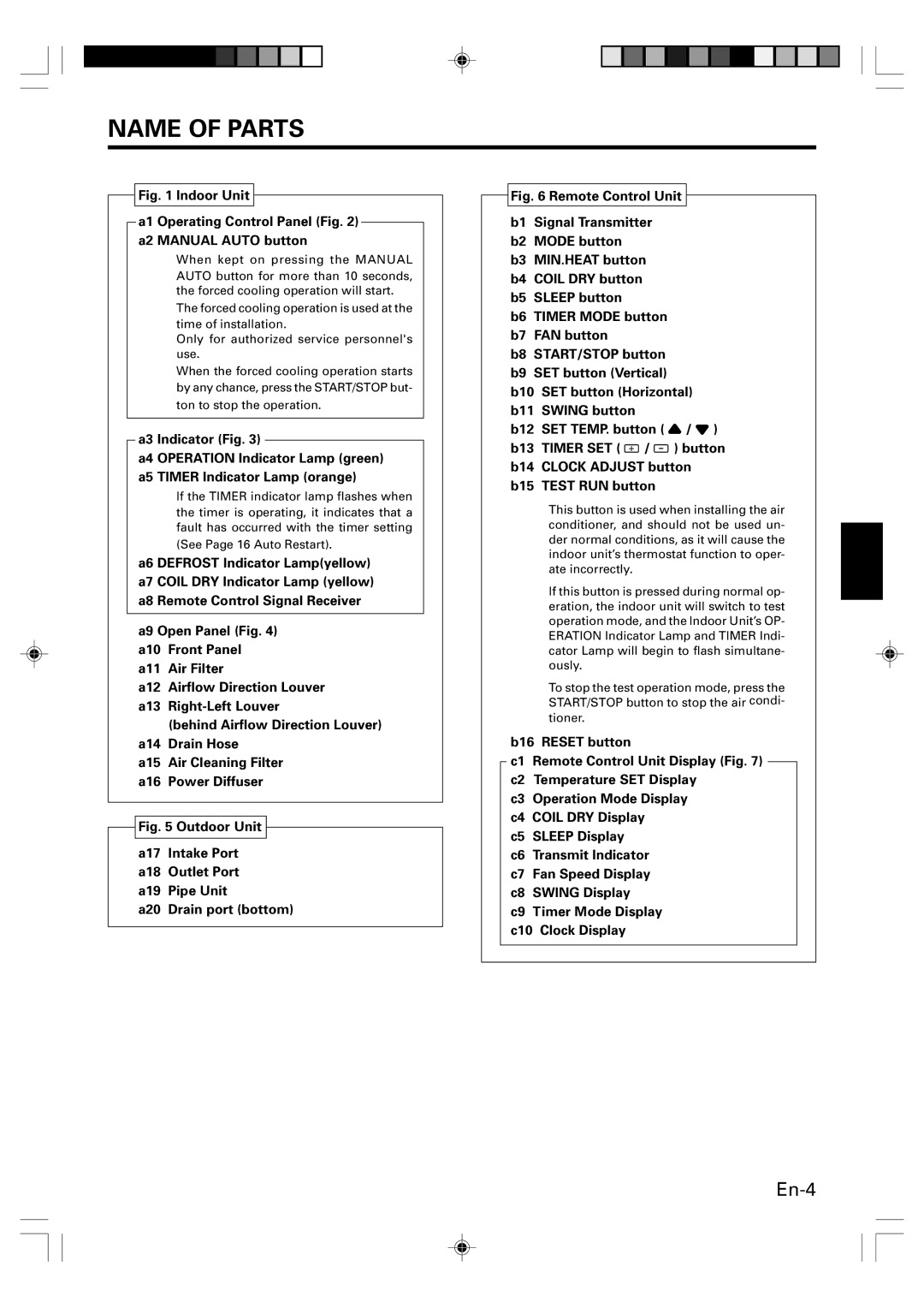 Fujitsu ASU9RLS, ASU12RLS, AOU9RLS, AOU12RLS, Heat & Cool Model (Reverse Cycle) manual Name of Parts 