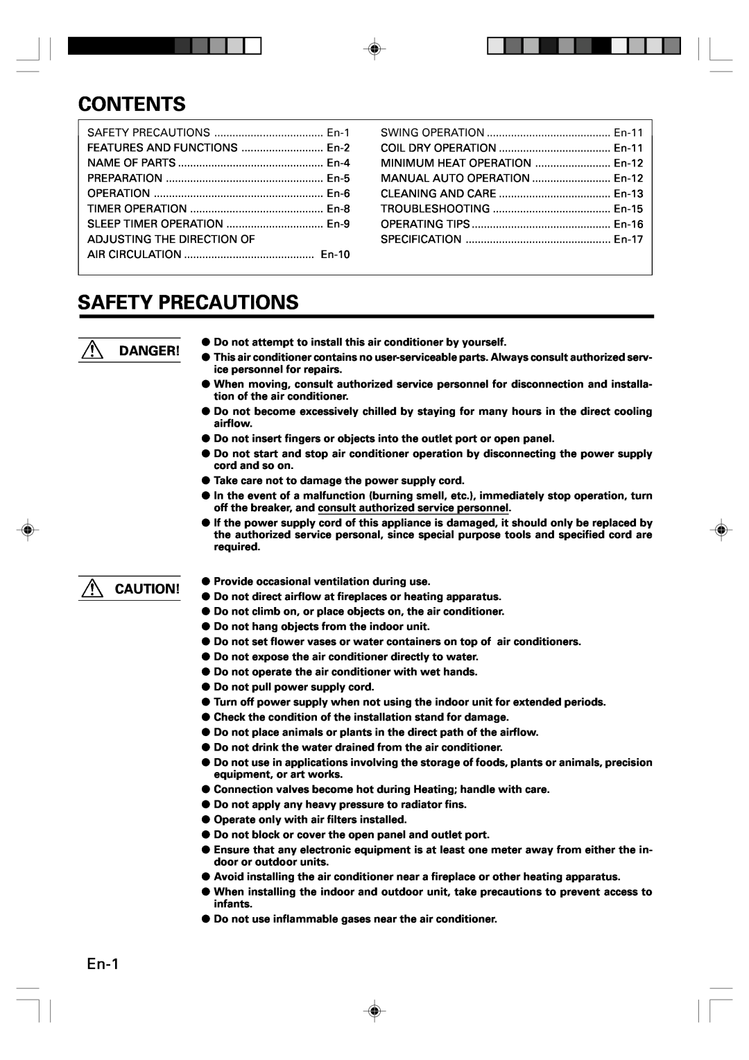 Fujitsu AOU9RLS, ASU9RLS, ASU12RLS, AOU12RLS, Heat & Cool Model (Reverse Cycle) Contents, Safety Precautions, En-1, Danger 