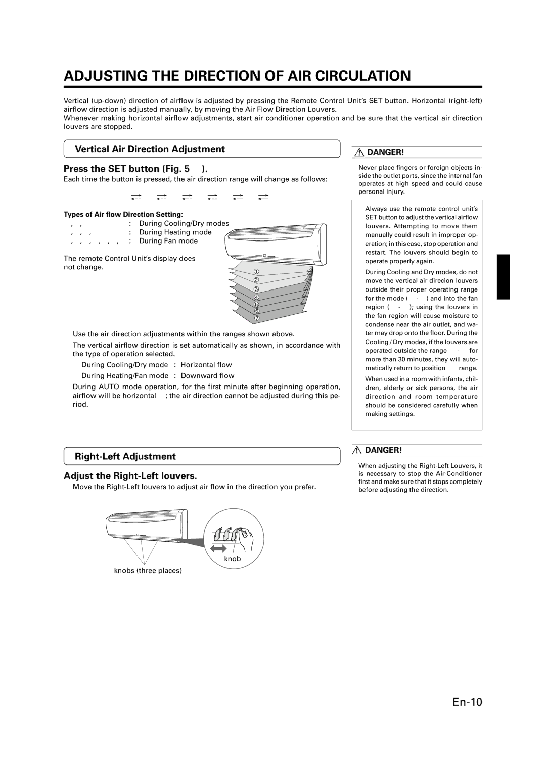 Fujitsu ASU9RMLQ ASU12RMLQ AOU24RML AOU36RML manual Adjusting the Direction of AIR Circulation 