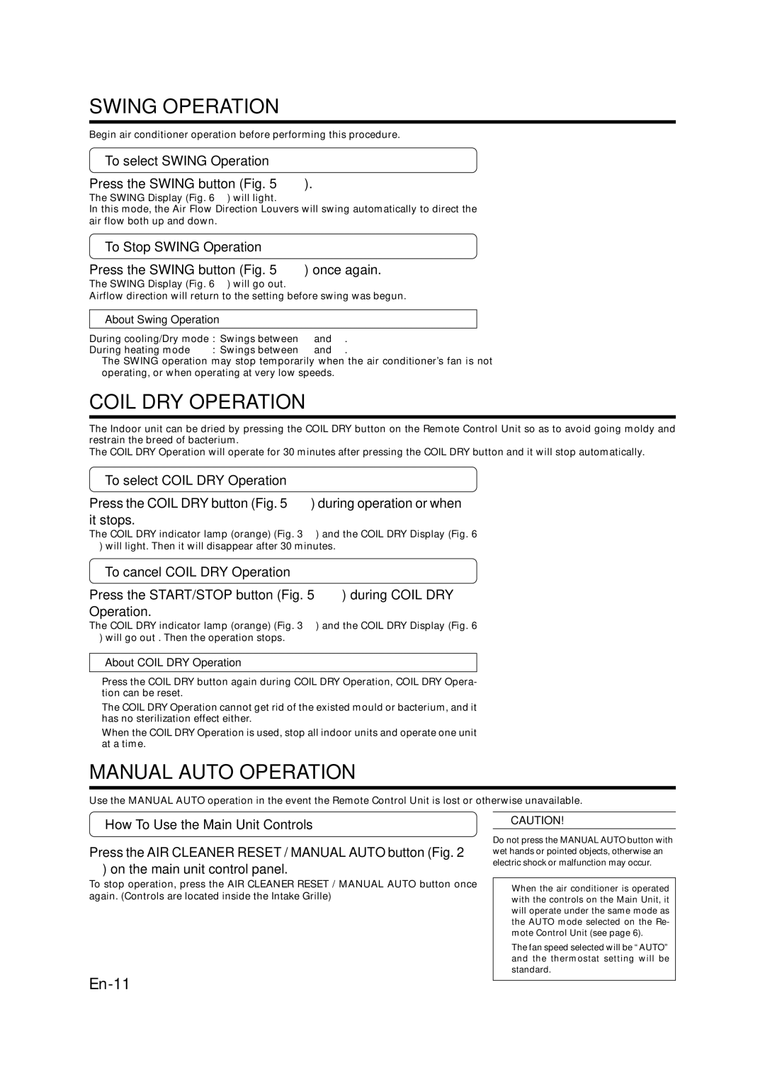 Fujitsu ASU9RMLQ ASU12RMLQ AOU24RML AOU36RML manual Swing Operation, Coil DRY Operation, Manual Auto Operation 