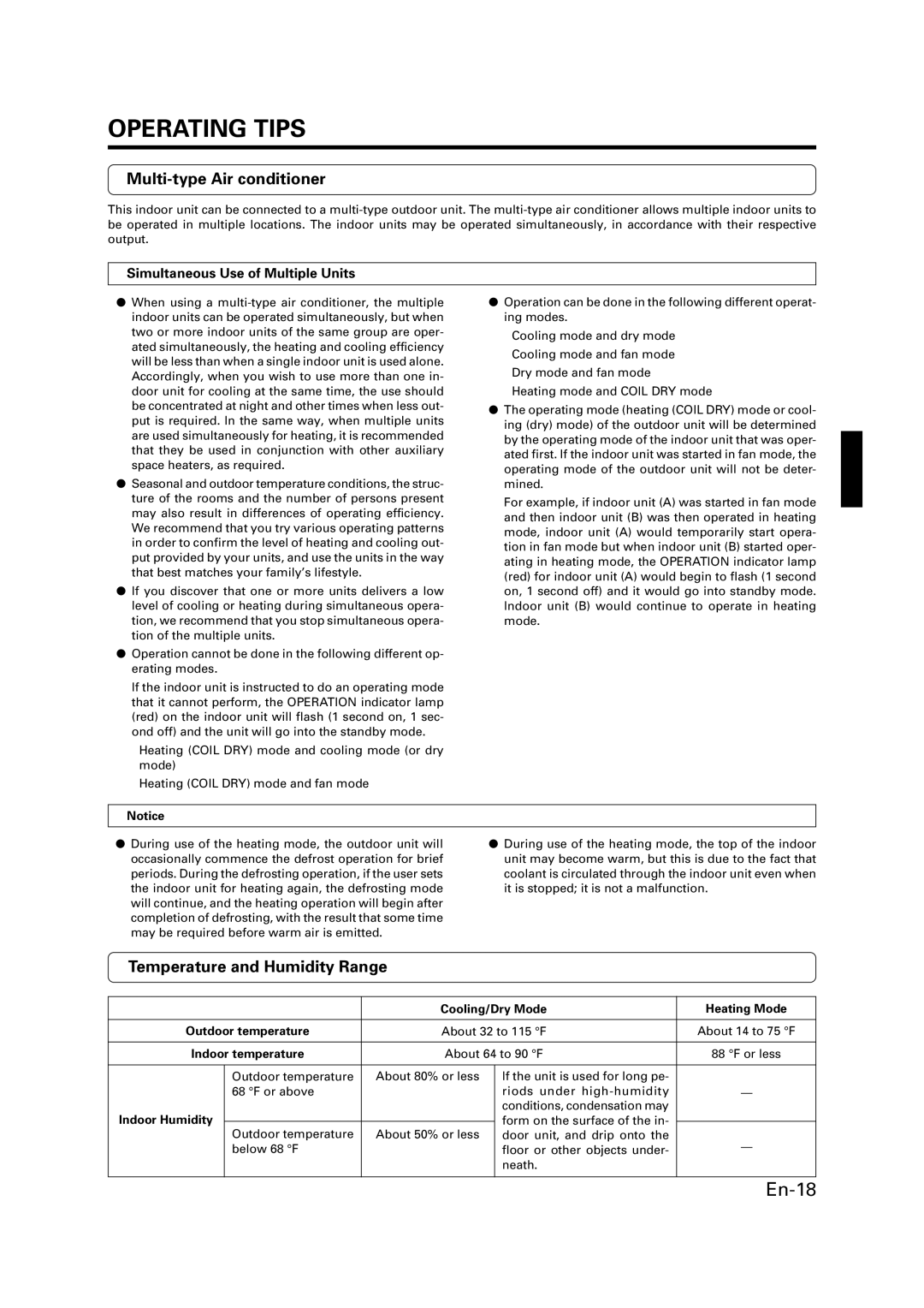 Fujitsu ASU9RMLQ ASU12RMLQ AOU24RML AOU36RML manual Multi-type Air conditioner, Temperature and Humidity Range 