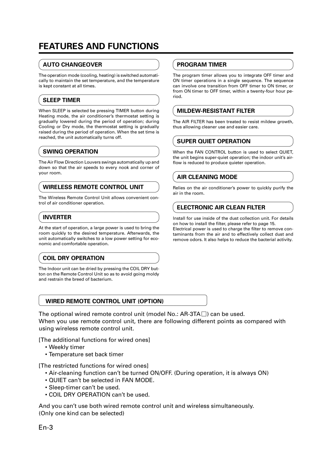 Fujitsu ASU9RMLQ ASU12RMLQ AOU24RML AOU36RML manual Features and Functions, Auto Changeover 