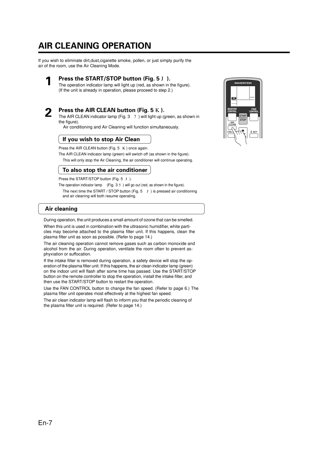 Fujitsu ASU9RMLQ ASU12RMLQ AOU24RML AOU36RML manual AIR Cleaning Operation, Press the AIR Clean button K, Air cleaning 