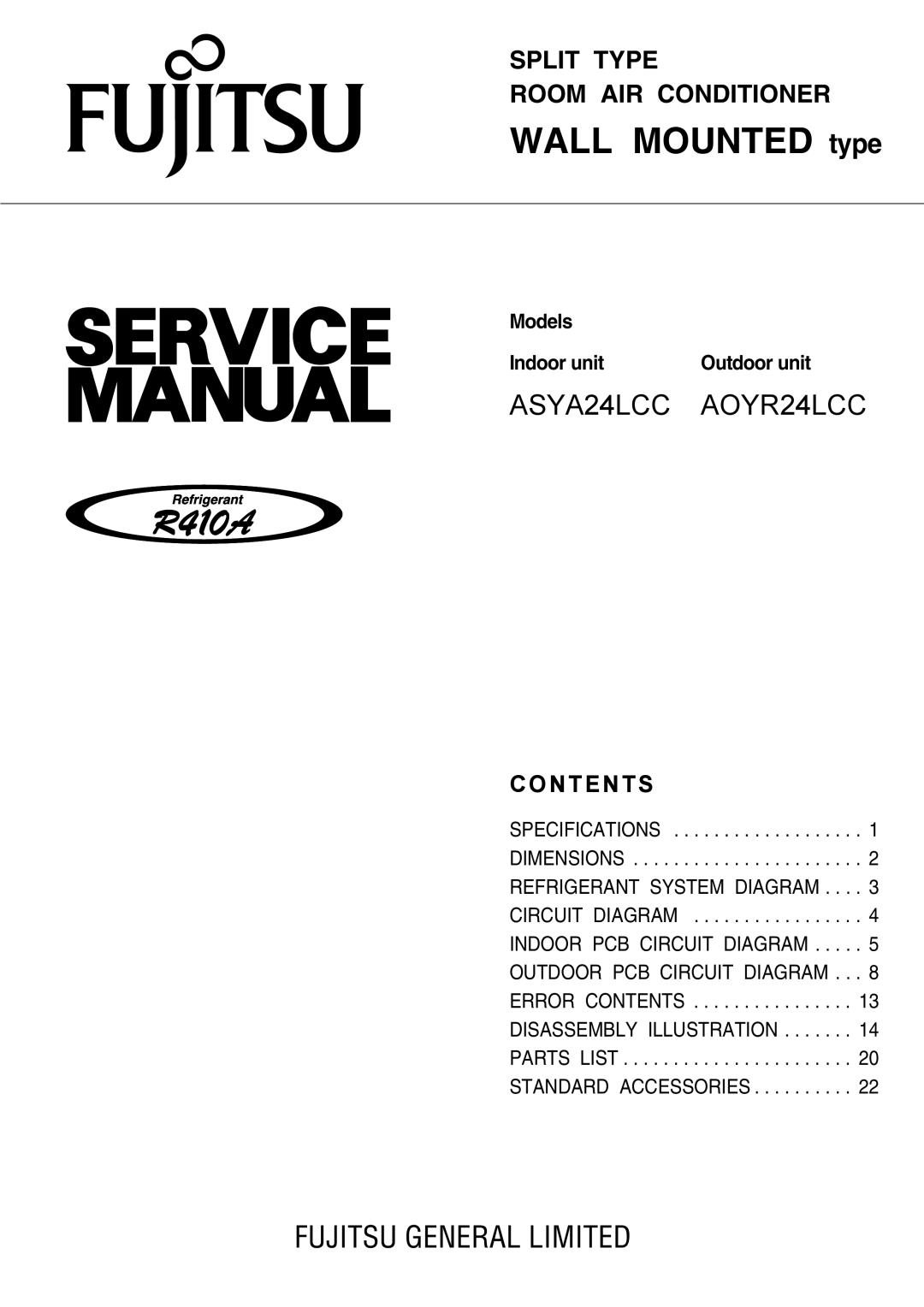 Fujitsu AOYR24LCC, ASYA24LCC specifications Wall Mounted type, Contents 