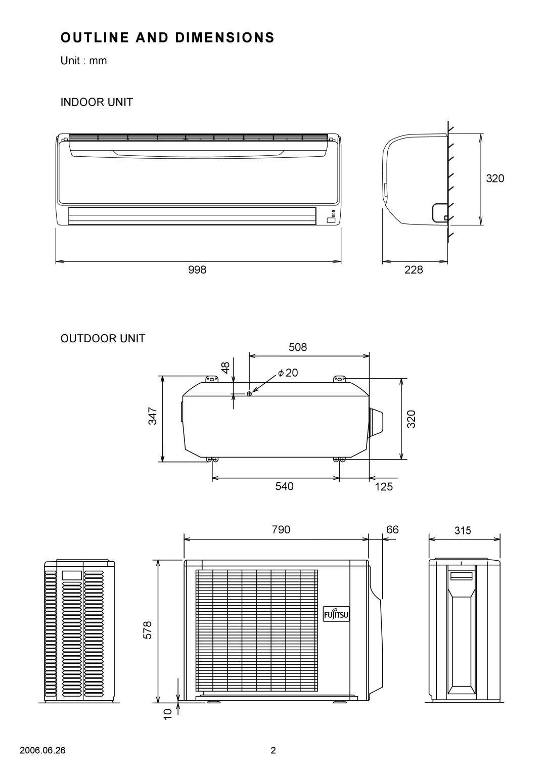 Fujitsu AOYR24LCC, ASYA24LCC specifications Outline and Dimensions 