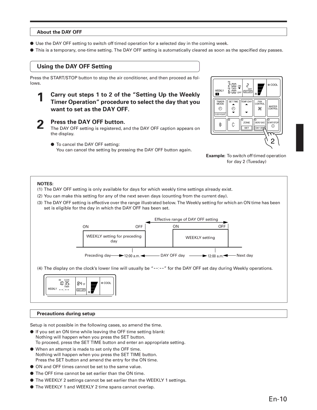 Fujitsu AOU18RC, AUU18RC, AUU42RC En-10, Using the DAY OFF Setting, About the DAY OFF, Precautions during setup, Display 
