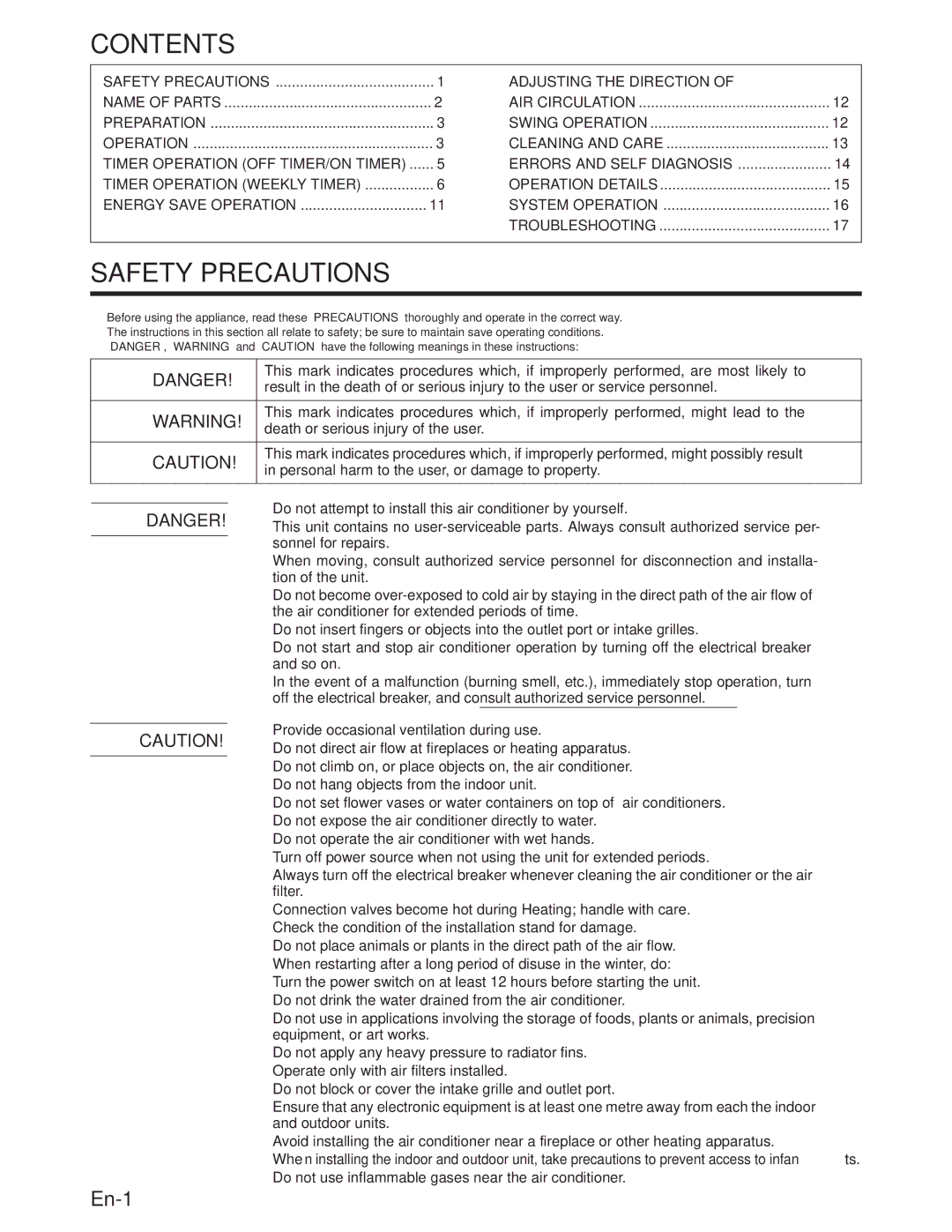 Fujitsu AUU36RC, AUU18RC, AUU42RC, AOU18RC, AOU36RC, AOU24RC, AOU42RC, AUU24RC operation manual Contents, Safety Precautions 