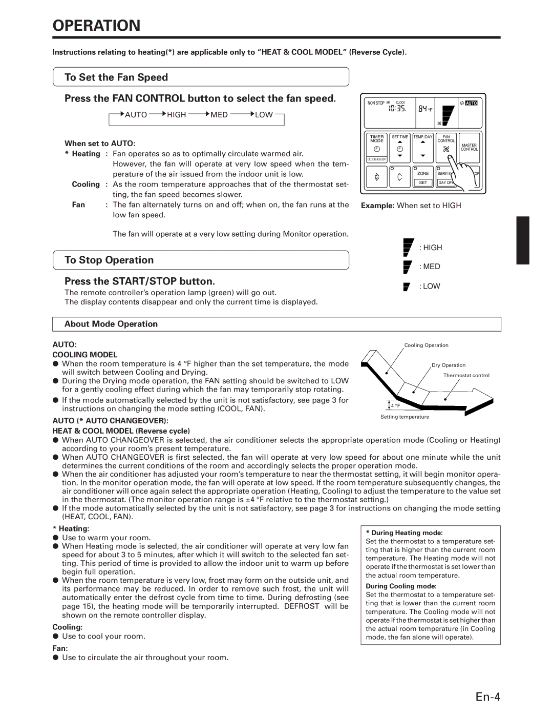 Fujitsu AOU24RC, AUU18RC, AUU42RC, AUU36RC, AOU18RC En-4, To Stop Operation Press the START/STOP button, About Mode Operation 