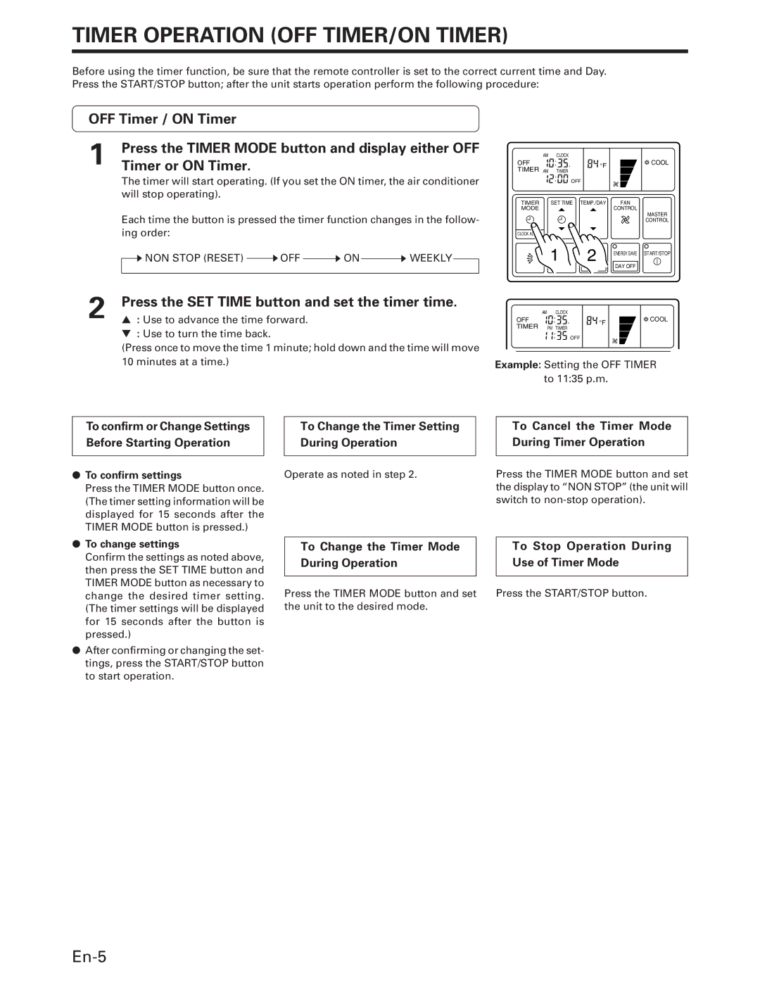 Fujitsu AOU42RC, AUU18RC Timer Operation OFF TIMER/ON Timer, En-5, Press the SET Time button and set the timer time 