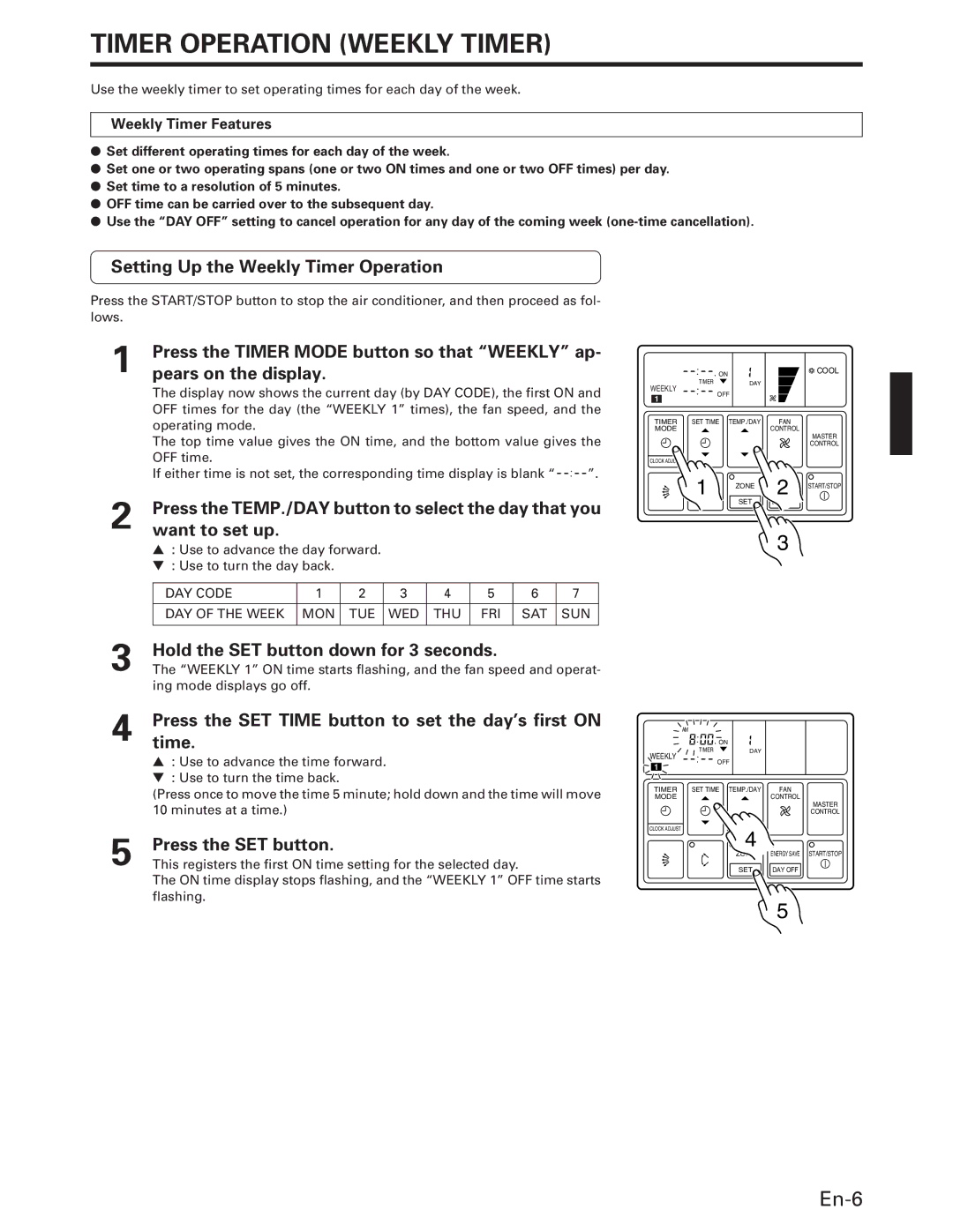 Fujitsu AUU24RC, AUU18RC, AUU42RC, AUU36RC, AOU18RC, AOU36RC, AOU24RC, AOU42RC operation manual Timer Operation Weekly Timer, En-6 