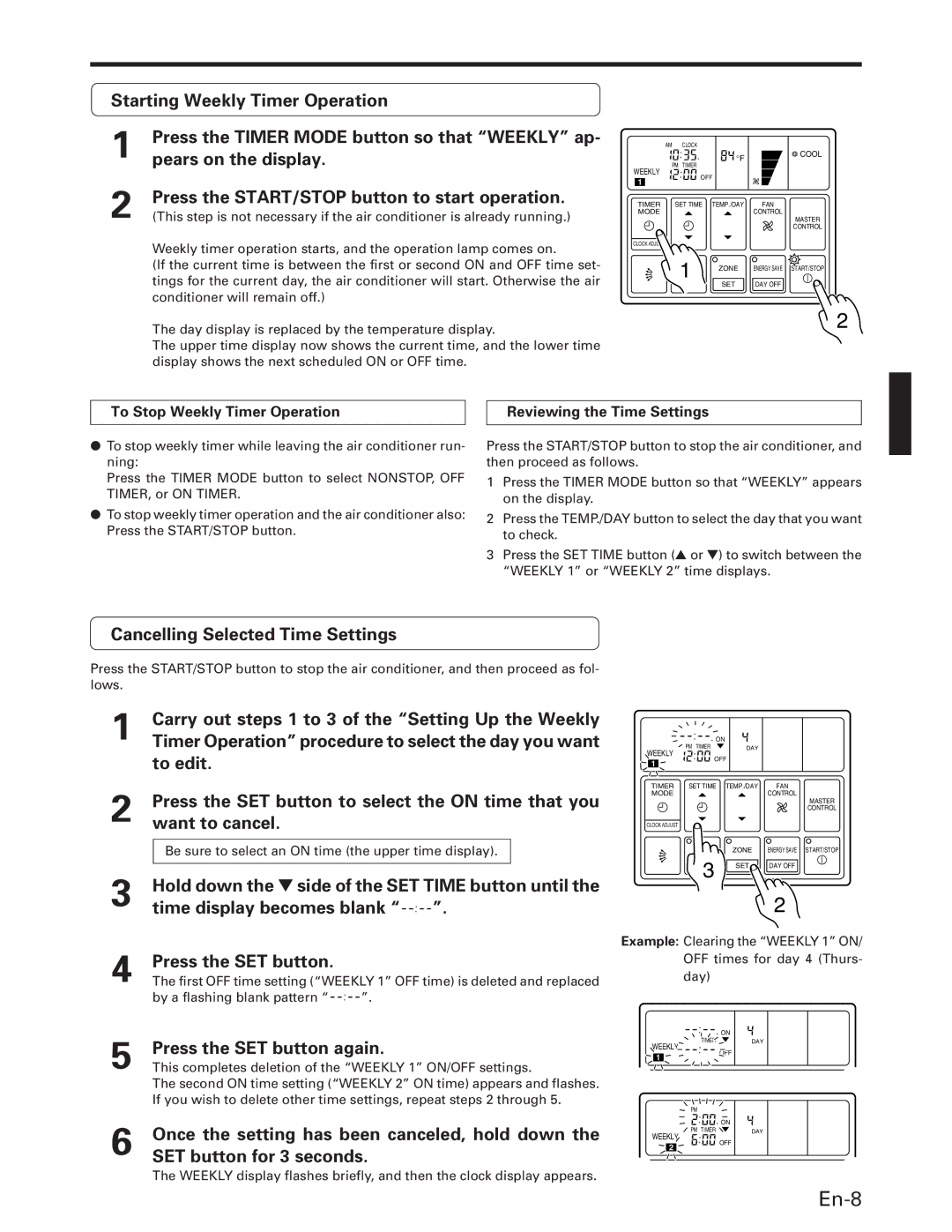 Fujitsu AUU42RC, AUU18RC, AUU36RC, AOU18RC, AOU36RC En-8, Cancelling Selected Time Settings, Press the SET button again 