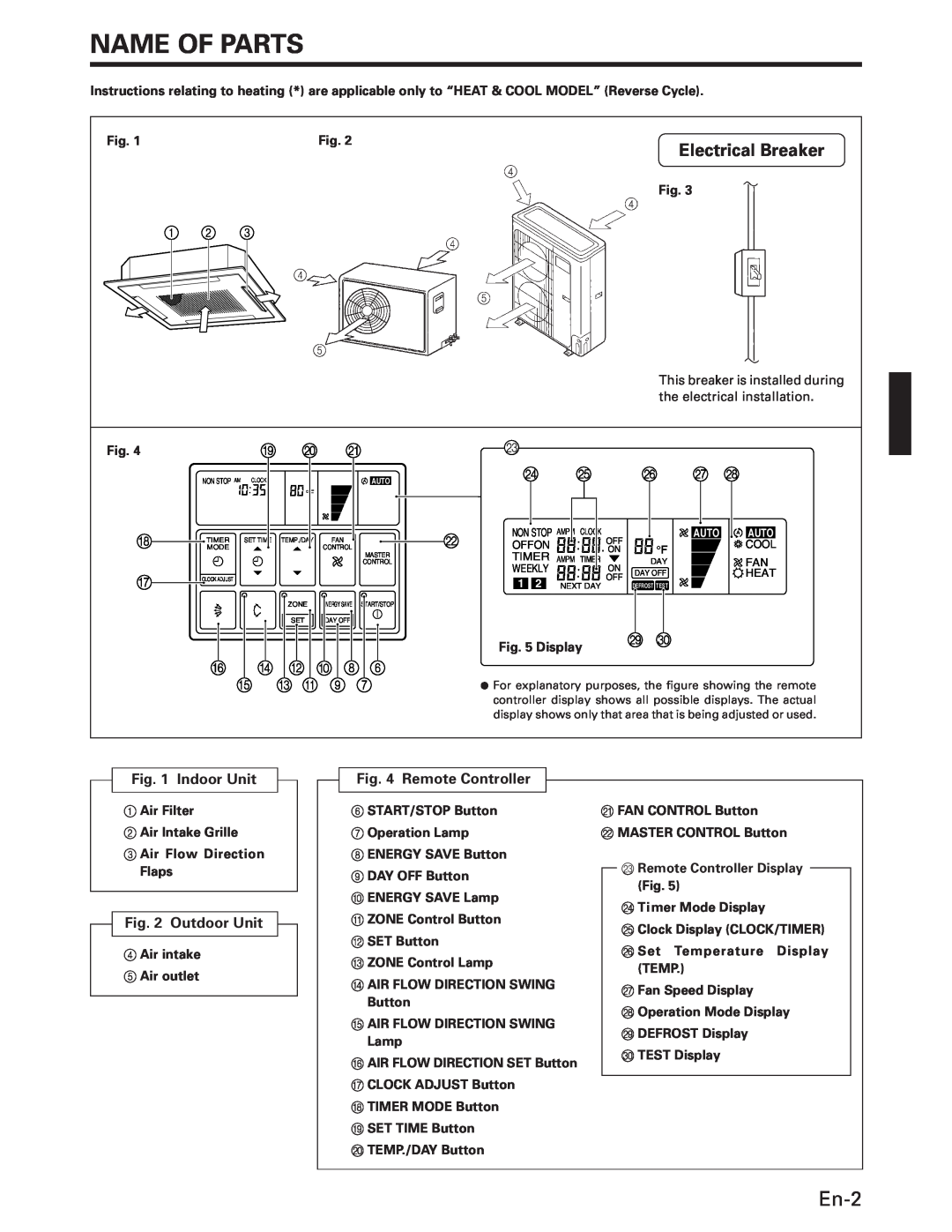 Fujitsu AOU18RC Name Of Parts, En-2, Electrical Breaker, Indoor Unit, Outdoor Unit, Remote Controller, I J K, P Q R, Fd B 