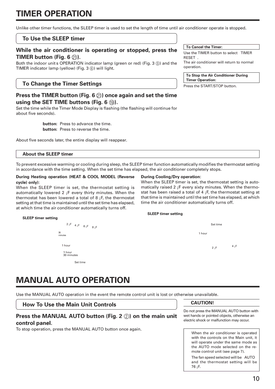 Fujitsu AWU24CXQ Manual Auto Operation, To Change the Timer Settings, About the Sleep timer, During Cooling/Dry operation 