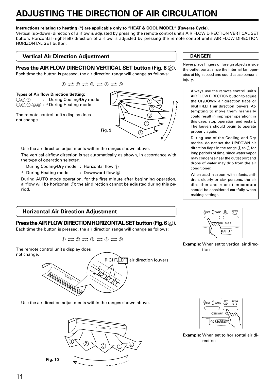 Fujitsu AWU18CXQ, AWU24RXQ, AWU18RXQ, AWU24CXQ Adjusting the Direction of AIR Circulation, Vertical Air Direction Adjustment 