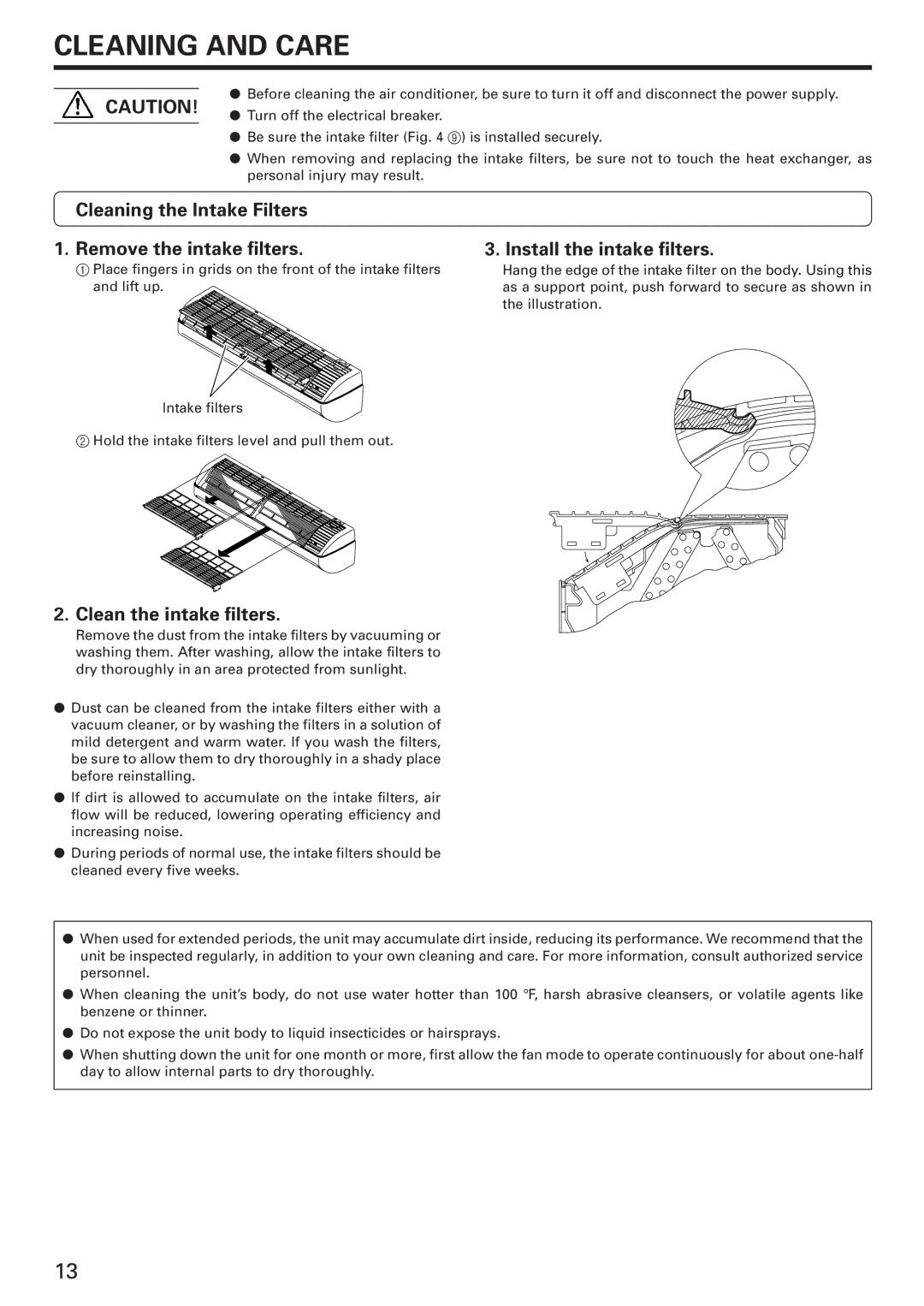 Fujitsu AOU24RXQ Cleaning and Care, Cleaning the Intake Filters Remove the intake filters, Install the intake filters 