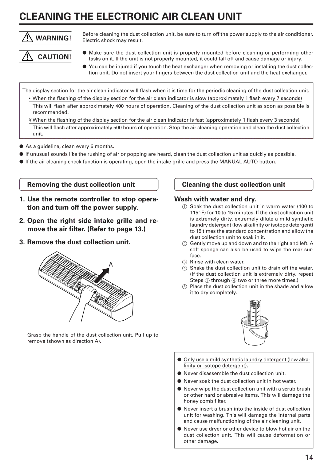 Fujitsu AOU24CXQ, AWU24RXQ, AWU18RXQ, AWU24CXQ Cleaning the Electronic AIR Clean Unit, Removing the dust collection unit 