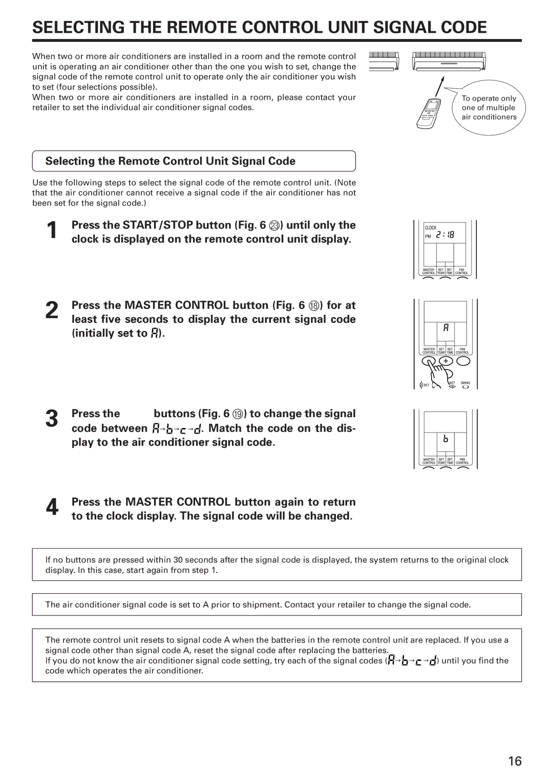 Fujitsu Room Air Conditioner - Wall Mounted manual Selecting the Remote Control Unit Signal Code, Initially set to Press 