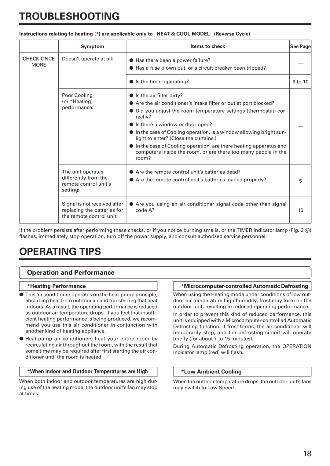 Fujitsu AWU18RXQ, AWU24RXQ manual Operating Tips, Operation and Performance, When Indoor and Outdoor Temperatures are High 