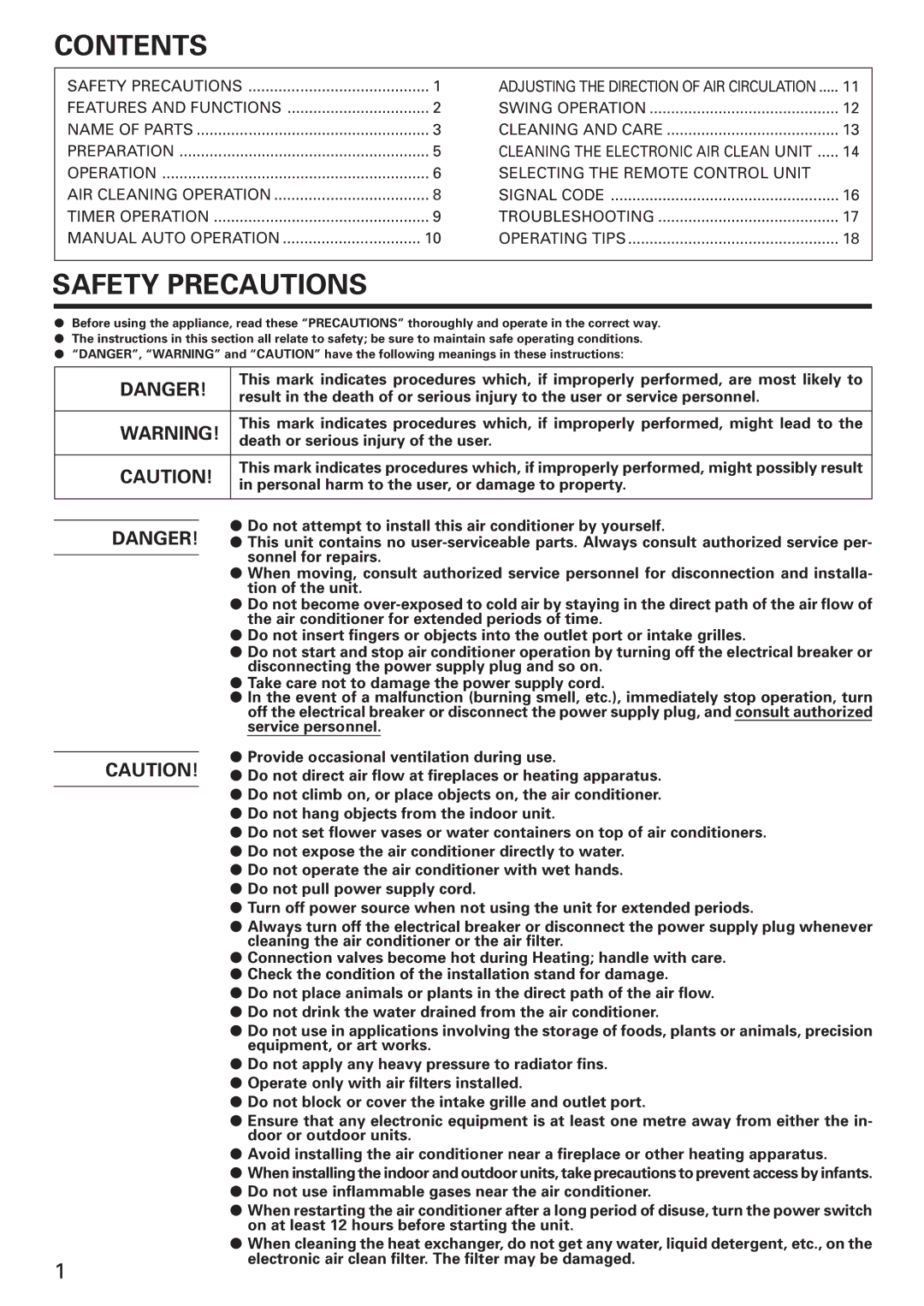 Fujitsu AWU24CXQ, AWU24RXQ, AWU18RXQ, AWU18CXQ, AOU18CXQ, AOU24RXQ, AOU24CXQ, AOU18RXQ manual Contents, Safety Precautions 