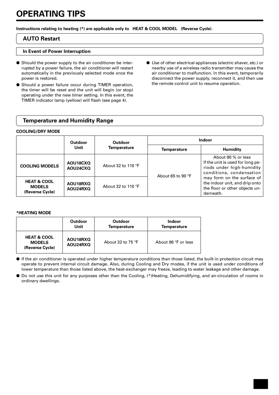 Fujitsu AWU24CXQ, AWU24RXQ, AWU18RXQ, AWU18CXQ Auto Restart, Temperature and Humidity Range, Event of Power Interruption 