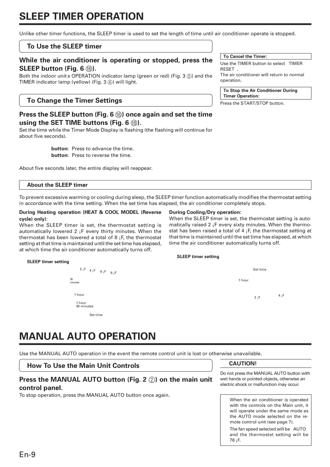 Fujitsu AWU36CX manual Sleep Timer Operation, Manual Auto Operation, To Change the Timer Settings, About the Sleep timer 