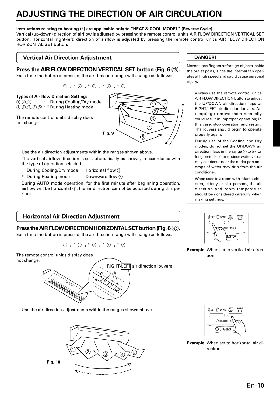 Fujitsu AWU36CX manual Adjusting the Direction of AIR Circulation, Vertical Air Direction Adjustment 