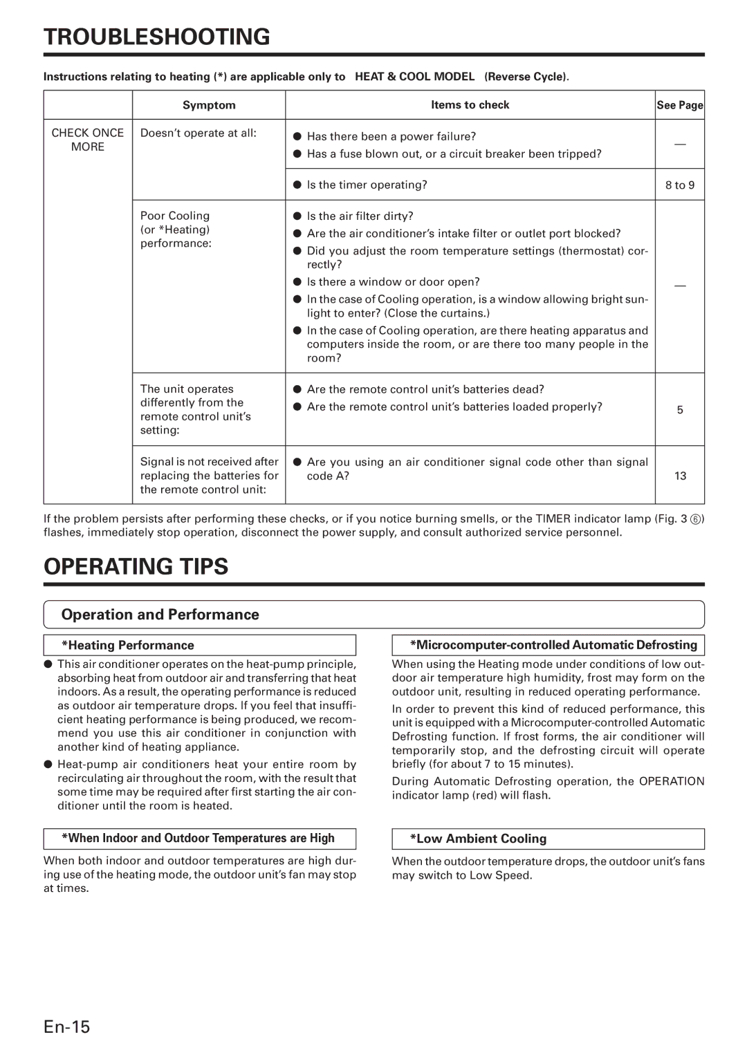 Fujitsu AWU36CX manual Operating Tips, Operation and Performance, When Indoor and Outdoor Temperatures are High 