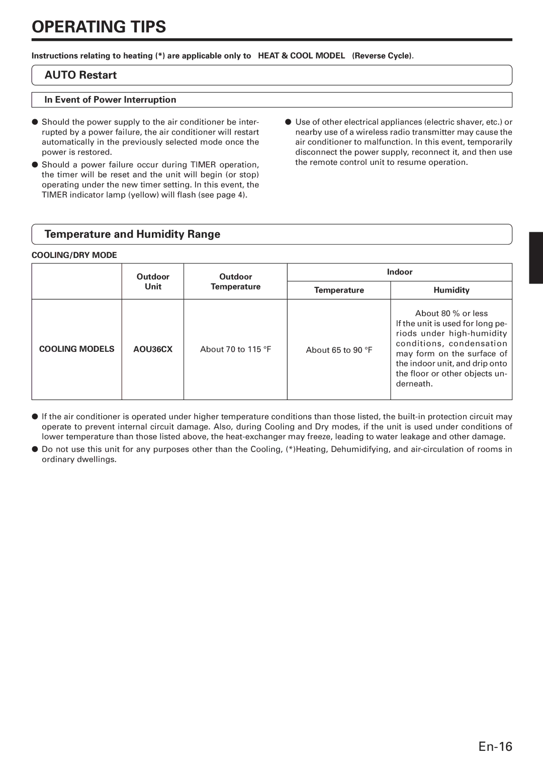 Fujitsu AWU36CX manual Auto Restart, Temperature and Humidity Range, Event of Power Interruption 