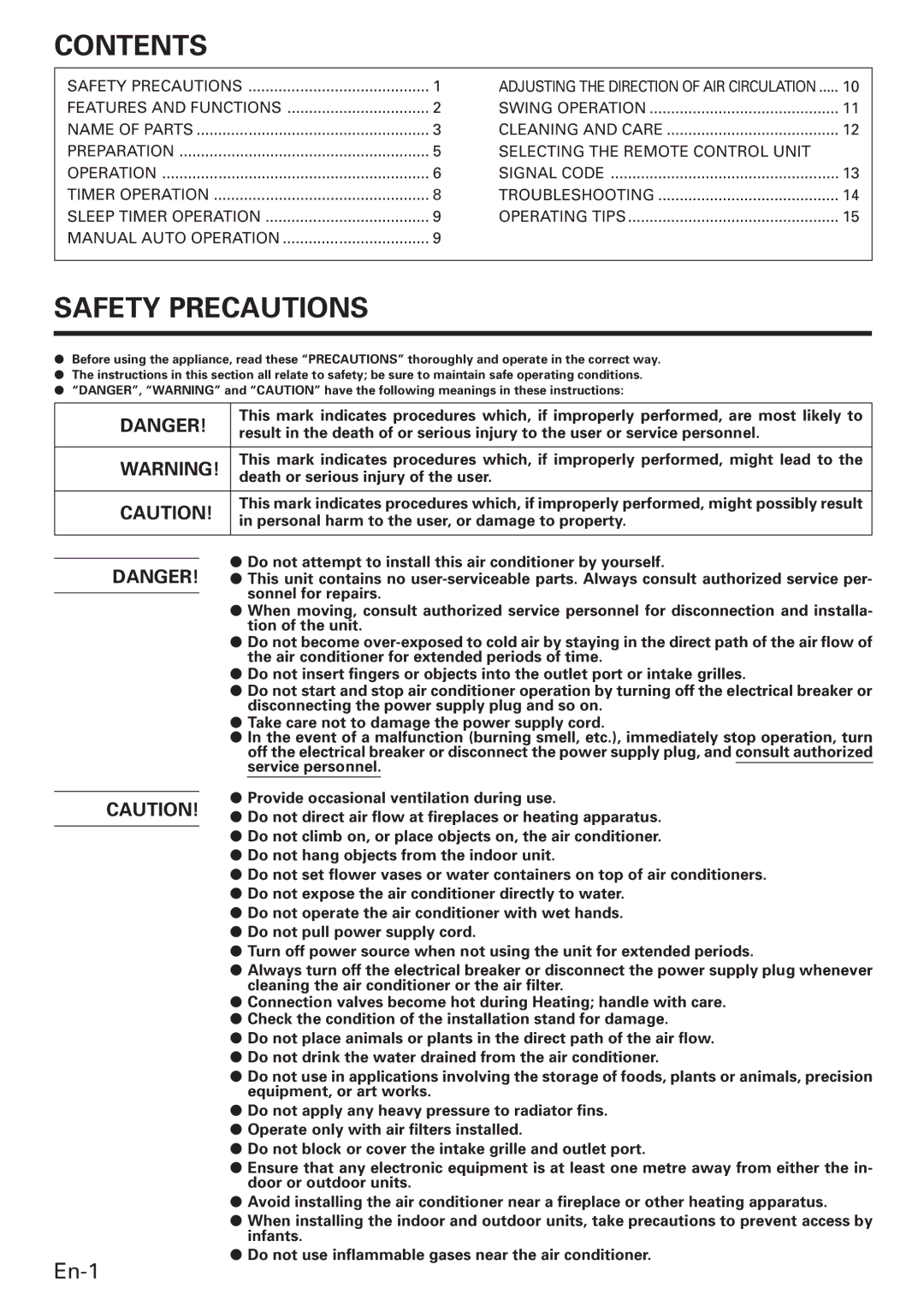 Fujitsu AWU36CX manual Contents, Safety Precautions 