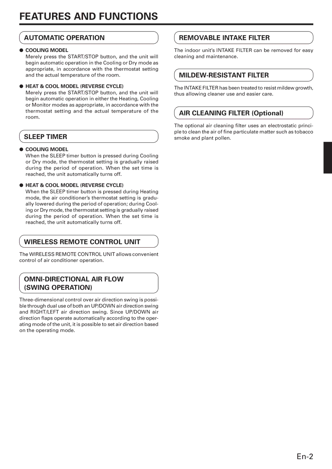 Fujitsu AWU36CX manual Features and Functions, AIR Cleaning Filter Optional 