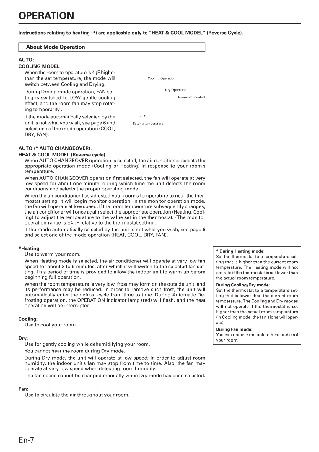 Fujitsu AWU36CX manual About Mode Operation, Heat & Cool Model Reverse cycle, Heating, Dry 