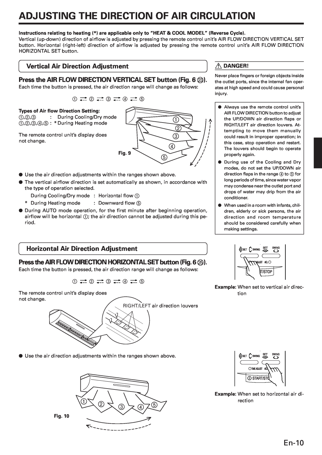 Fujitsu AWU36CX manual Adjusting The Direction Of Air Circulation, En-10, Vertical Air Direction Adjustment 