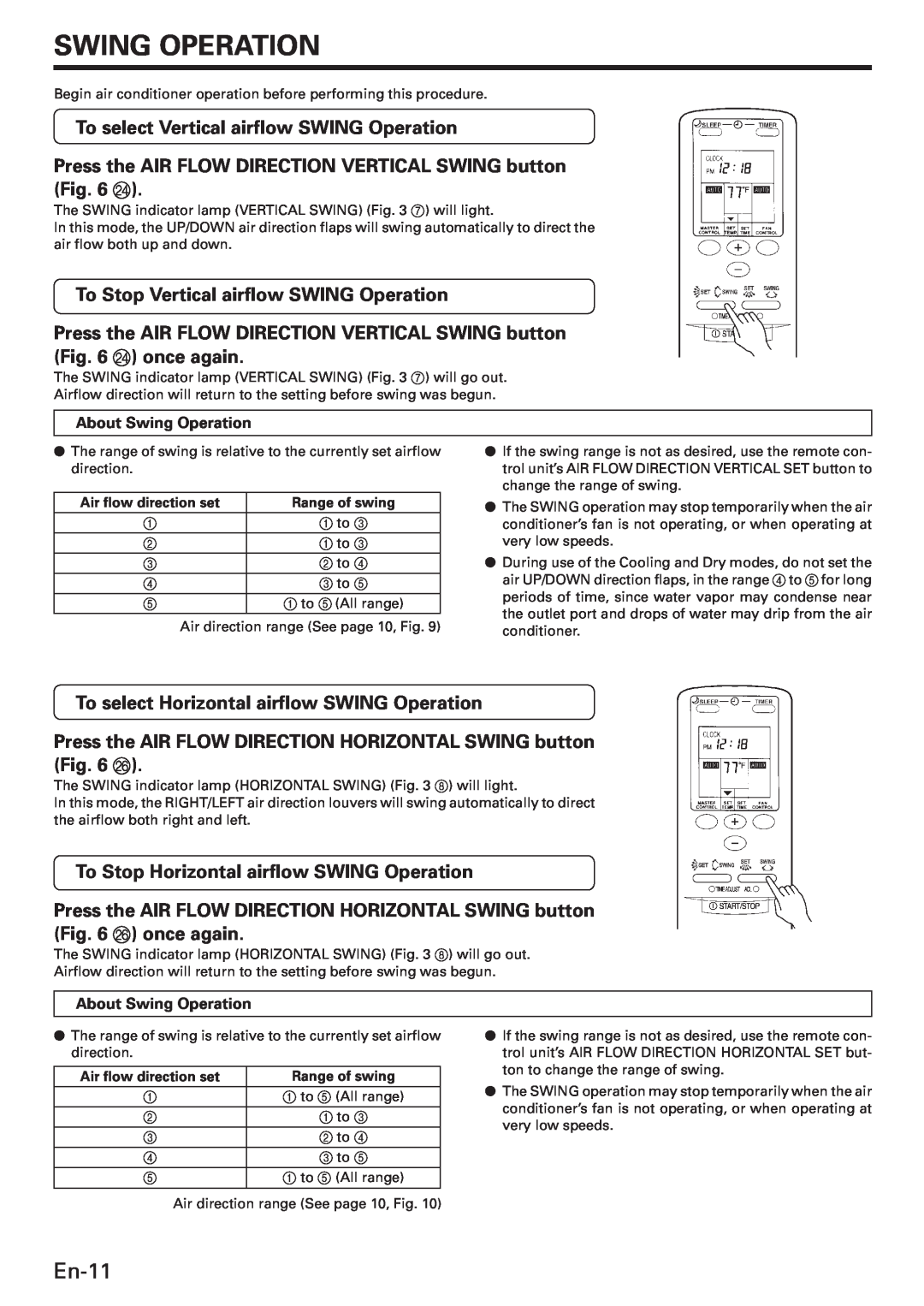Fujitsu AWU36CX manual Swing Operation, En-11, To select Vertical airflow SWING Operation 