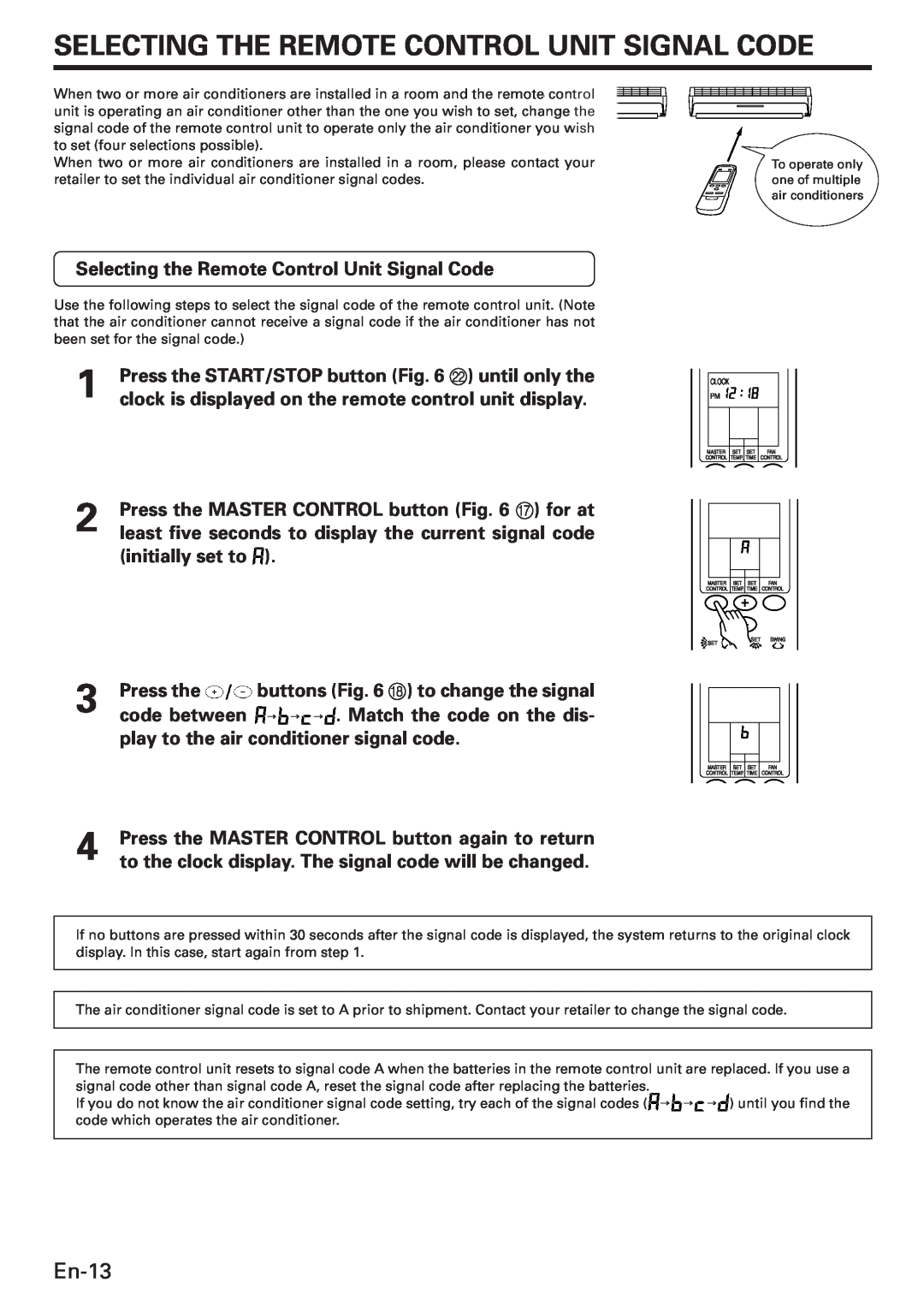 Fujitsu AWU36CX manual Selecting The Remote Control Unit Signal Code, En-13, Selecting the Remote Control Unit Signal Code 
