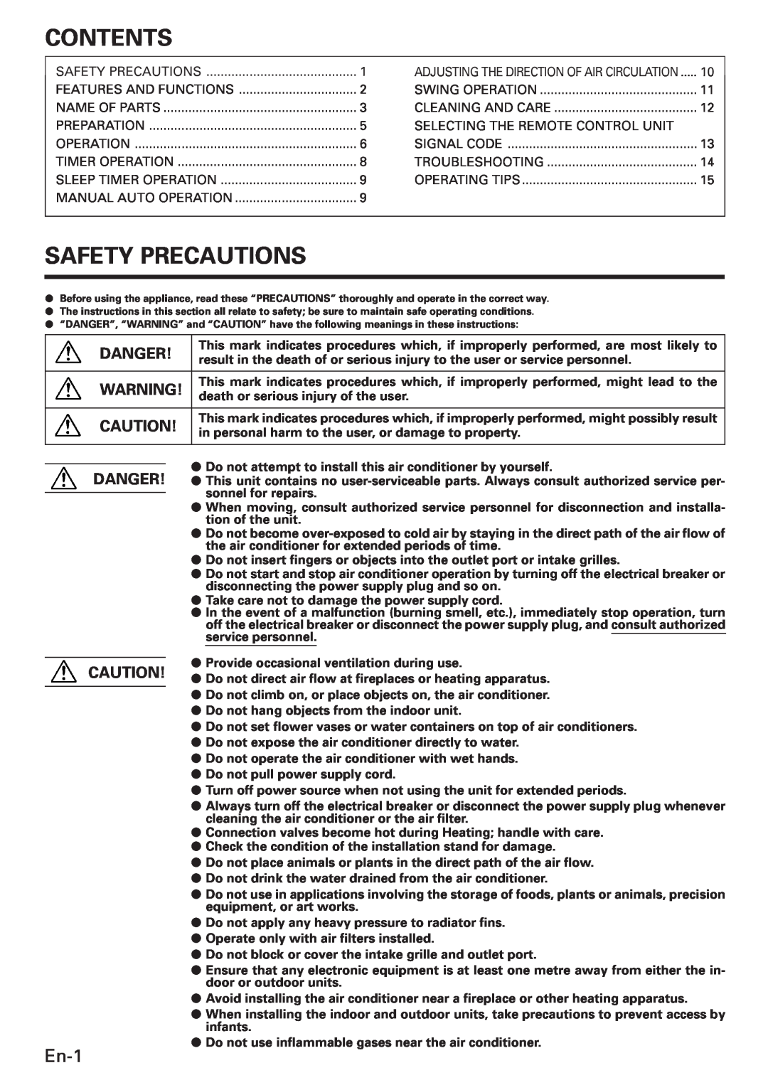 Fujitsu AWU36CX manual Contents, Safety Precautions, En-1, Danger 