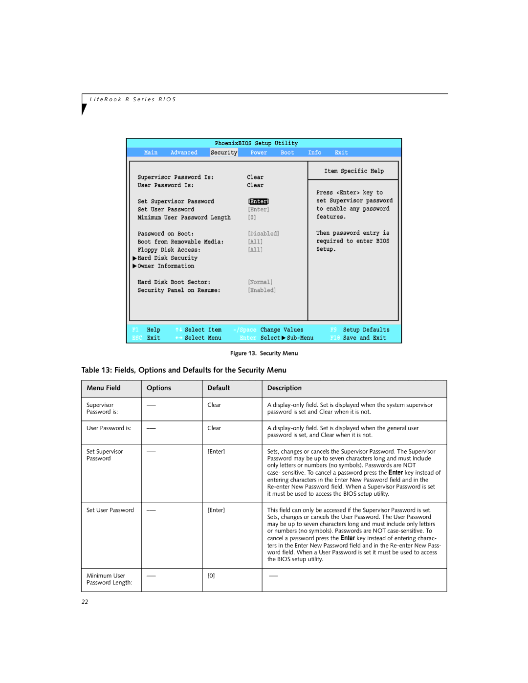 Fujitsu B-2562, B-2566 manual Fields, Options and Defaults for the Security Menu, Main Advanced, Power Boot 