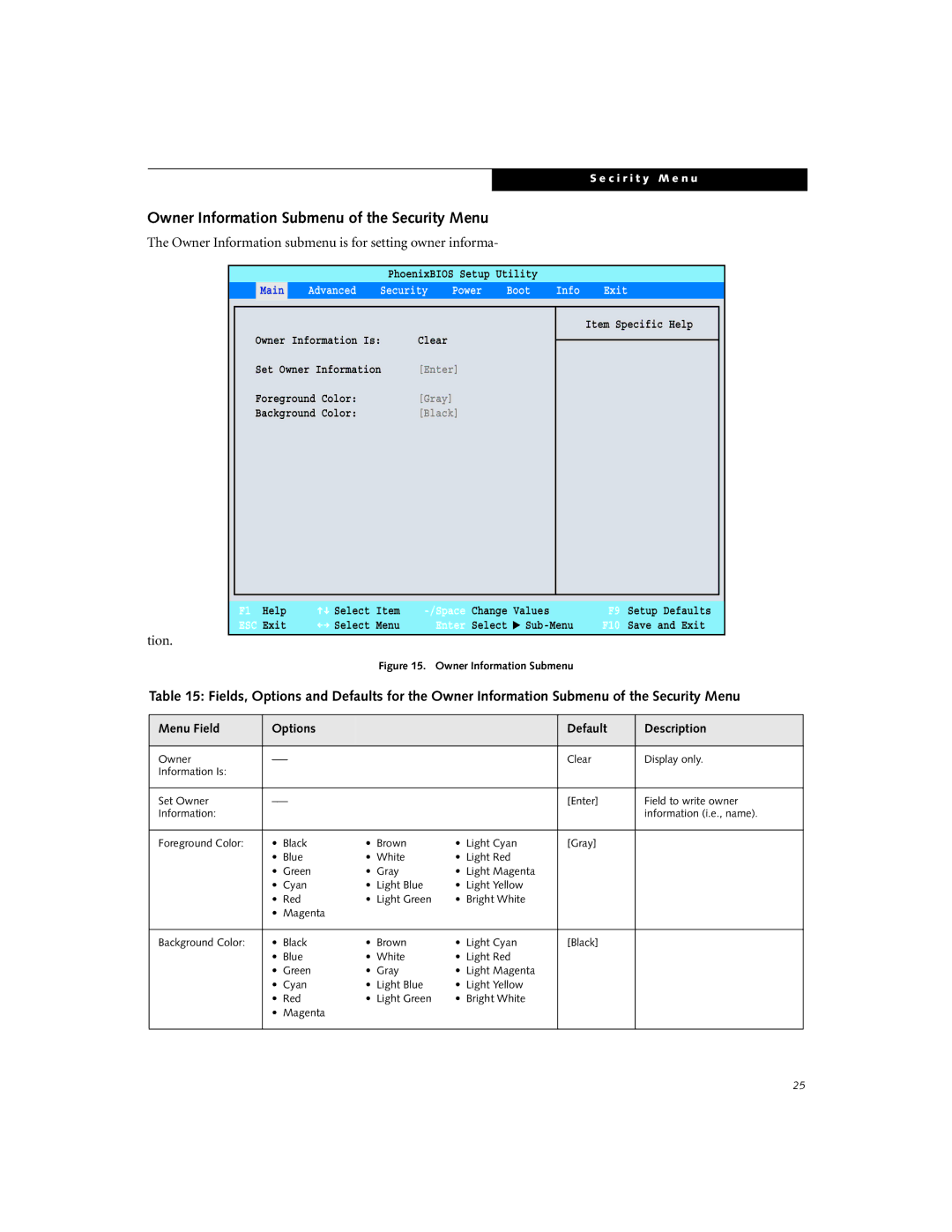 Fujitsu B-2566, B-2562 manual Owner Information Submenu of the Security Menu, Main Advanced Security Power Boot Info Exit 