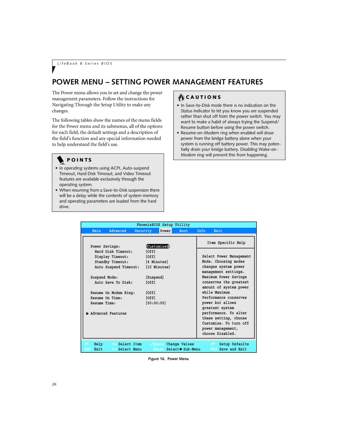 Fujitsu B-2562, B-2566 manual Power Menu Setting Power Management Features, Main Advanced Security 