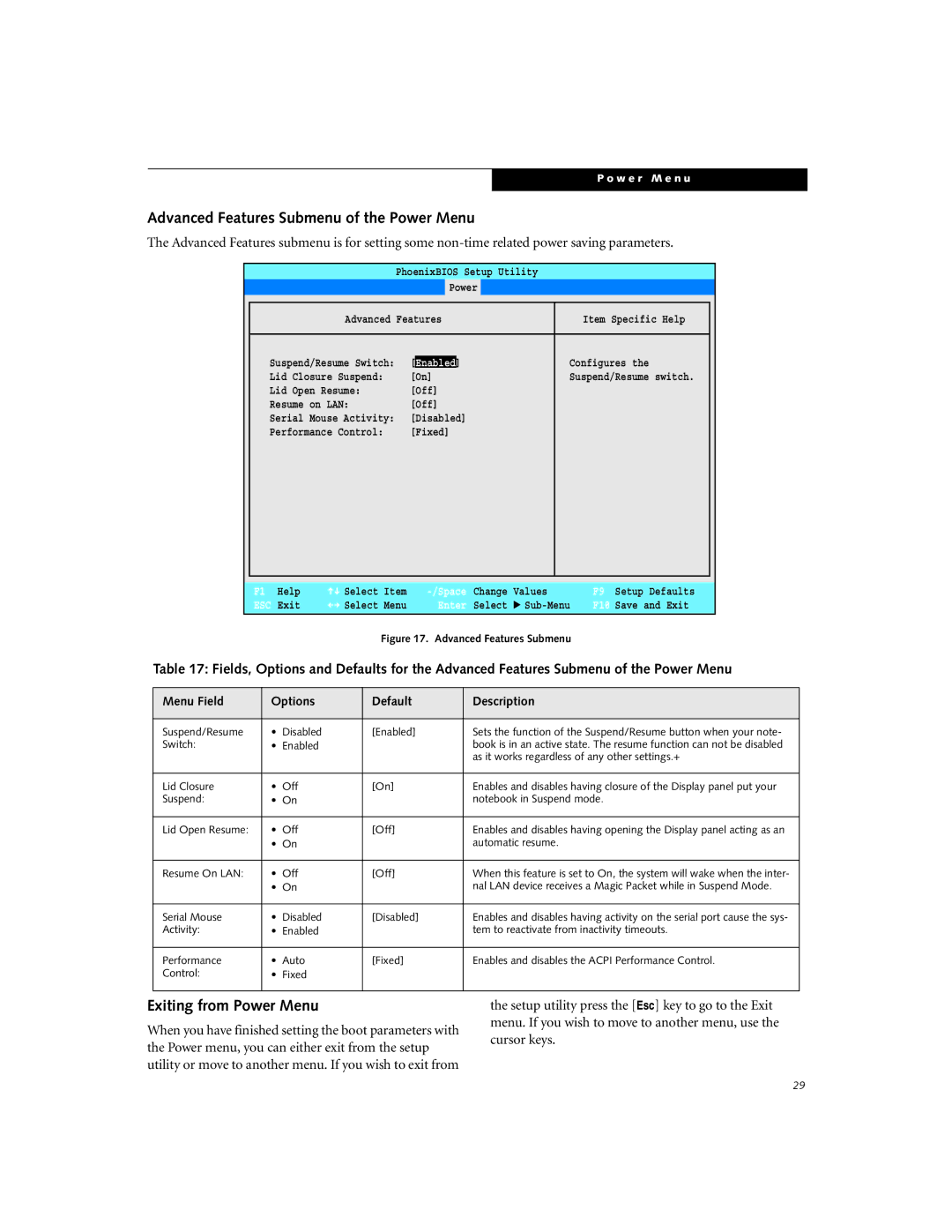 Fujitsu B-2566, B-2562 manual Advanced Features Submenu of the Power Menu, Exiting from Power Menu 