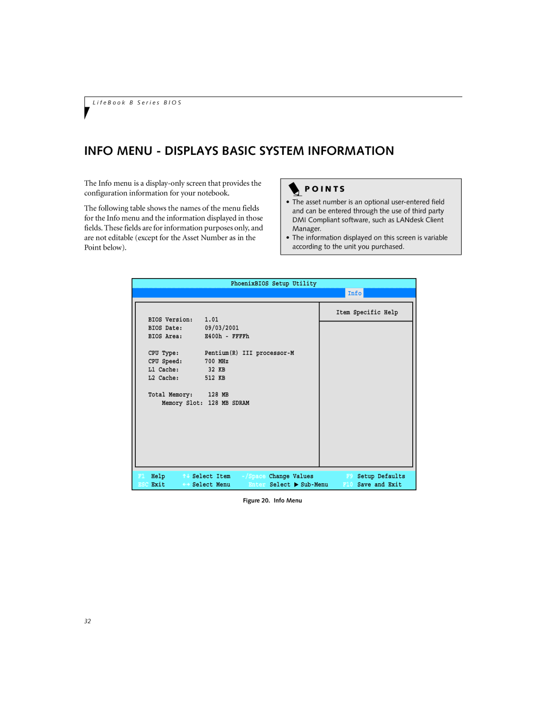 Fujitsu B-2562, B-2566 manual Info Menu Displays Basic System Information 