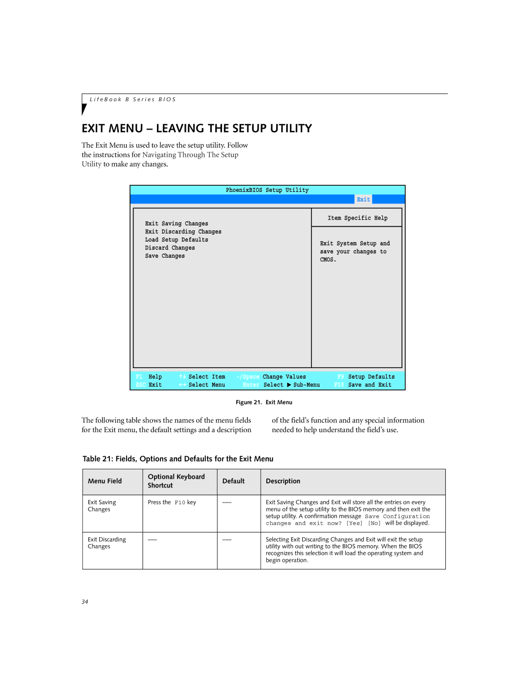 Fujitsu B-2562, B-2566 manual Exit Menu Leaving the Setup Utility, Fields, Options and Defaults for the Exit Menu 