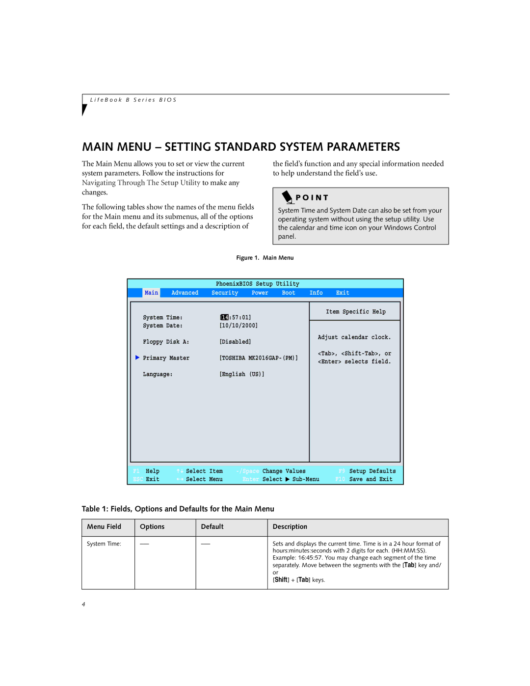 Fujitsu B-2562, B-2566 Main Menu Setting Standard System Parameters, I N T, Fields, Options and Defaults for the Main Menu 