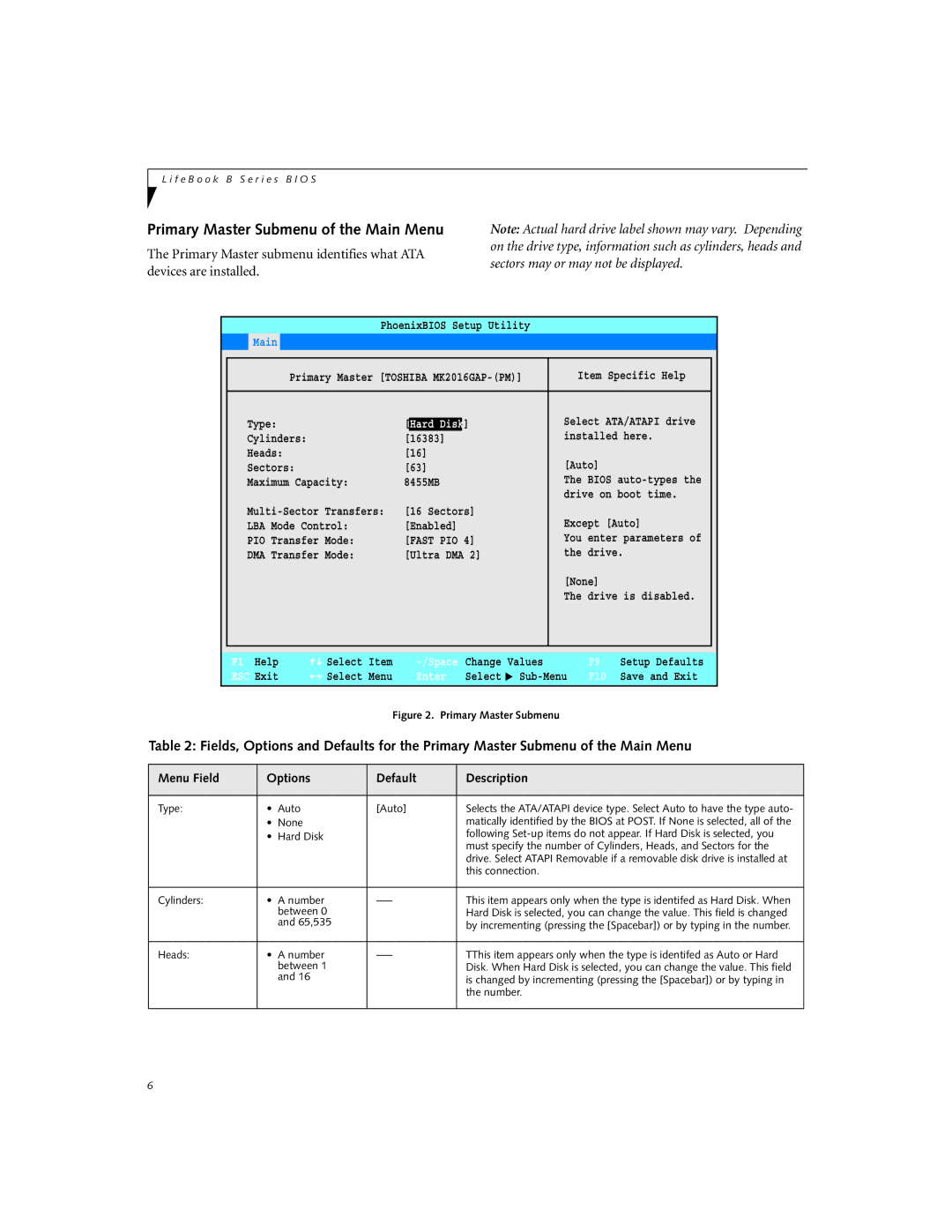 Fujitsu B-2562, B-2566 manual Primary Master Submenu of the Main Menu, Main Advanced Security, Exit 